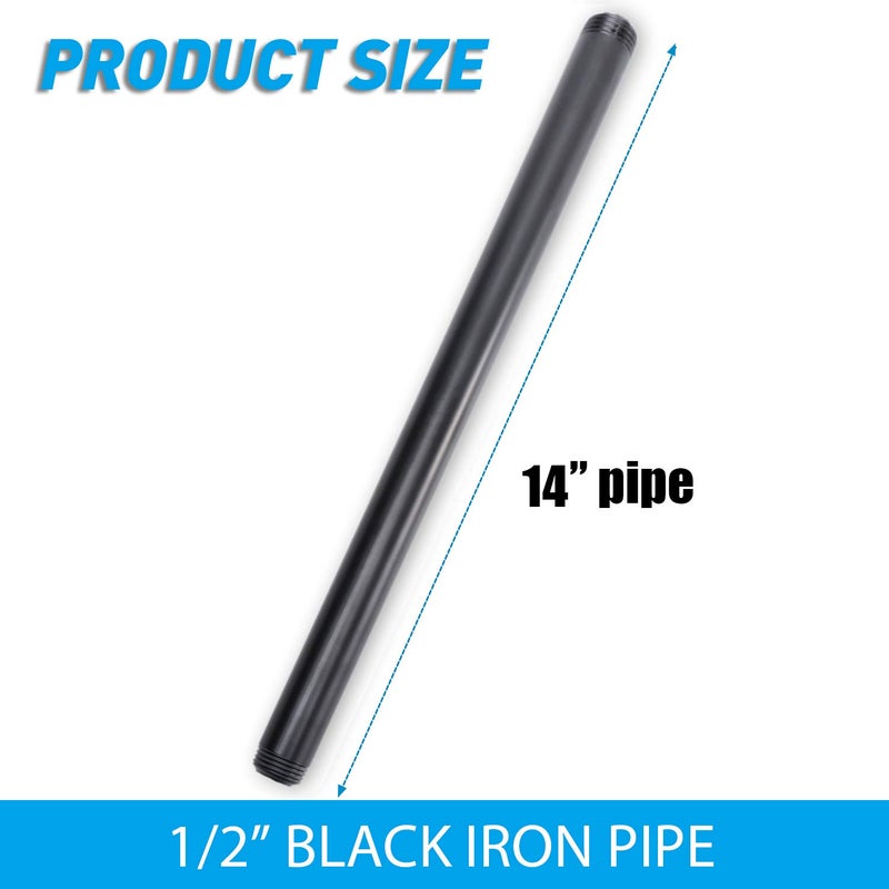 Home TZH 1/2" x 14" Black Threaded Iron Pipe, 10 Pack Black Painted Finish Threaded Metal Nipple for DIY Project/Furniture/Shelving Decoration (10, 14") - Image 2